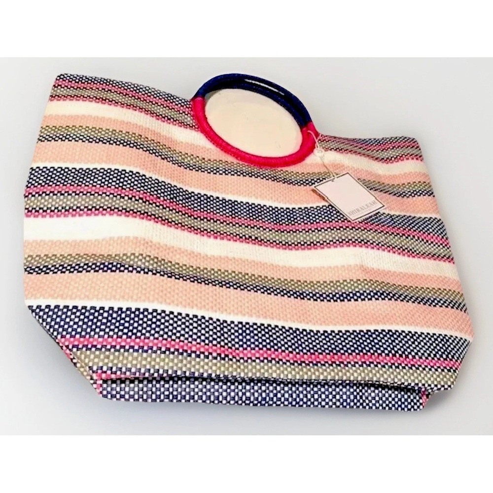 Shiraleah Woven Straw Beach Tote Bag Nautical Pink Blue Striped Circle Handle